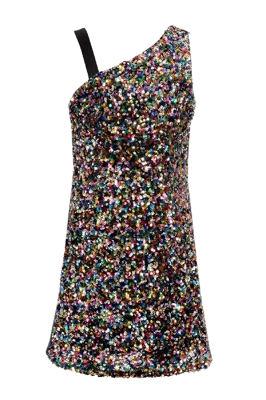 Girls Rainbow Asymmetrical Shoulder Sequin Party Dress