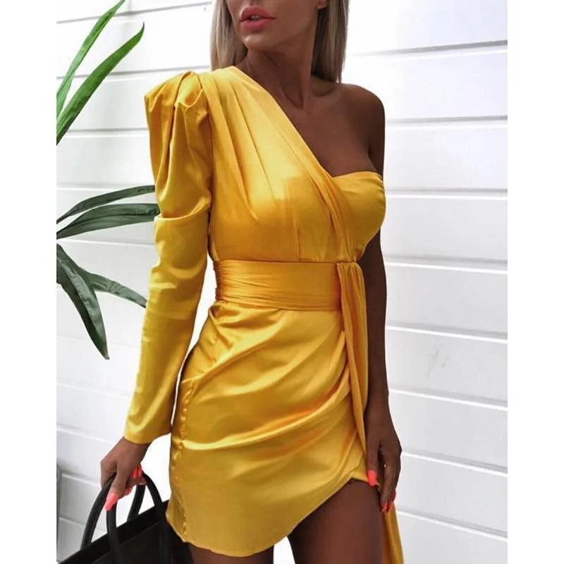 FashionSierra - One off shoulder ruched design irregular dress women Strapless plunging summer mini dress club party yellow vestidos femme