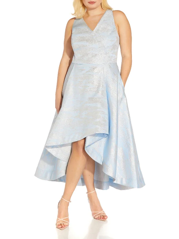 Plus Womens Metallic Tea-Length Cocktail and Party Dress