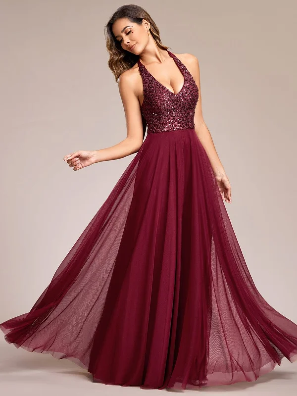 Sequin Halter Neck Top A-Line Backless Evening Dress with Tulle