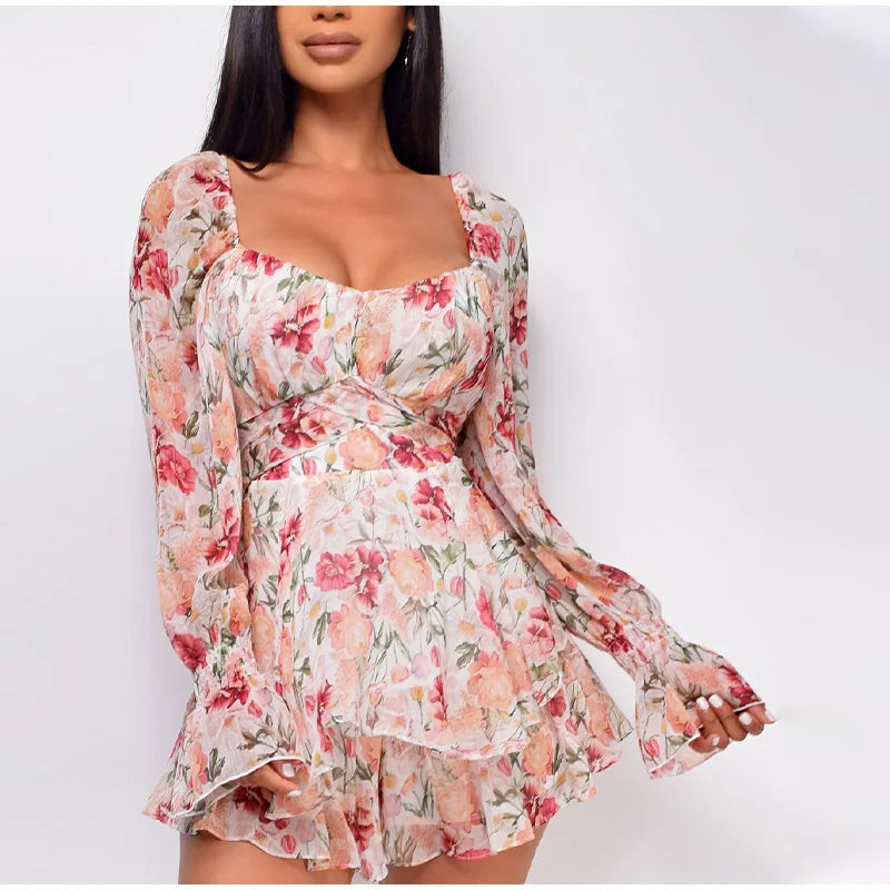 FashionSierra - 2024 Square Collar Lace Up Floral Mini Dress