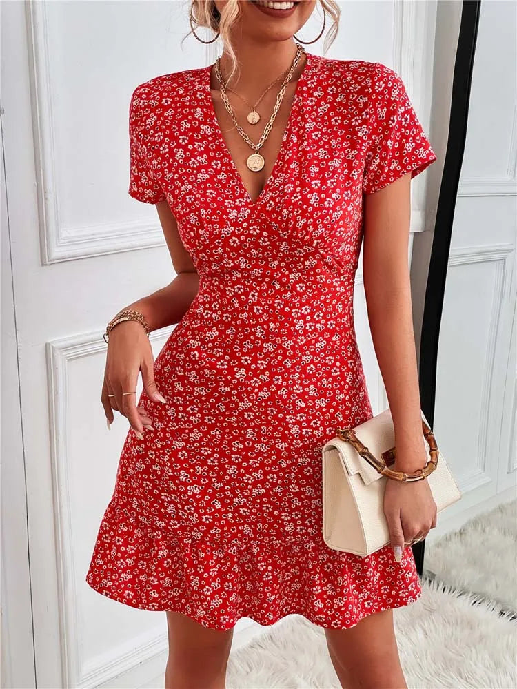 FashionSierra - 2024 Summer Short V-Neck Floral Ladies Mini Boho Dress