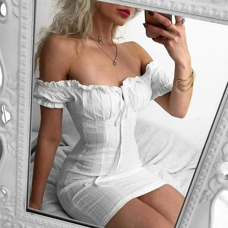 FashionSierra - White Sexy off shoulder Ruffles bodycon bandage mini dress