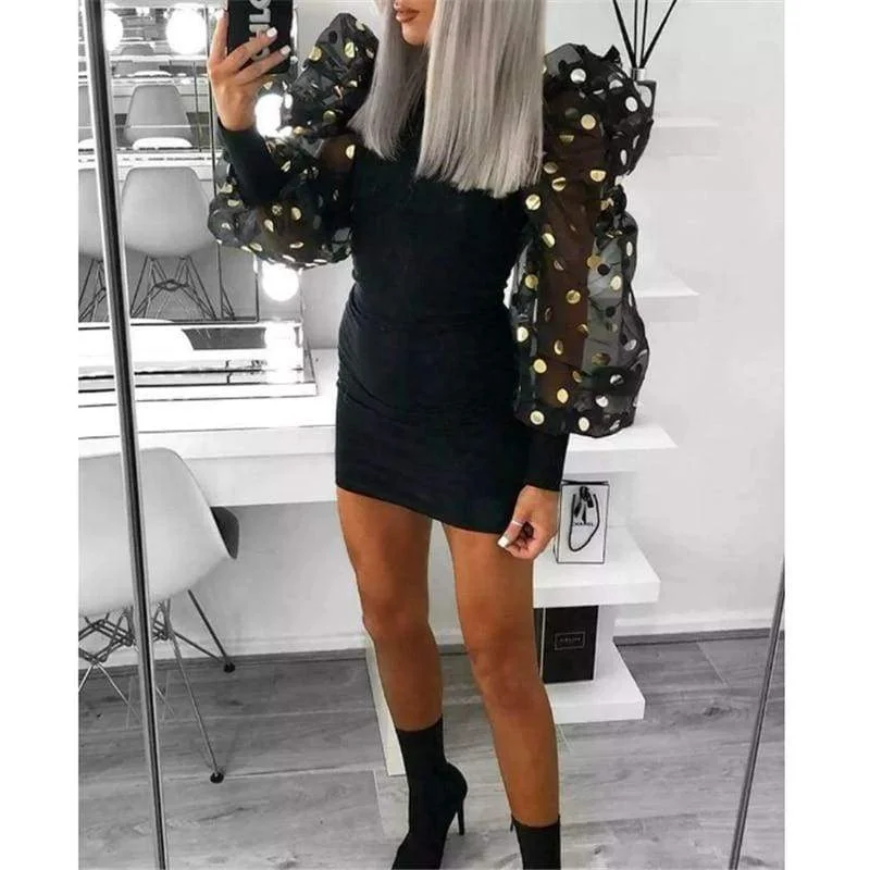 FashionSierra - Woman Fashion Casual Slim Female Bodycon Mini Dresses Spring Fall Puff Mesh Polka Dot Long Sleeve Black Club Dress