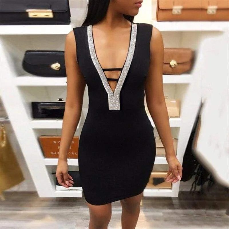 FashionSierra - Women Deep V- Neck Sequin Bandage Bodycon Dress Summer Sexy Ladies Backless Party Short Slim Fit Mini Dresses