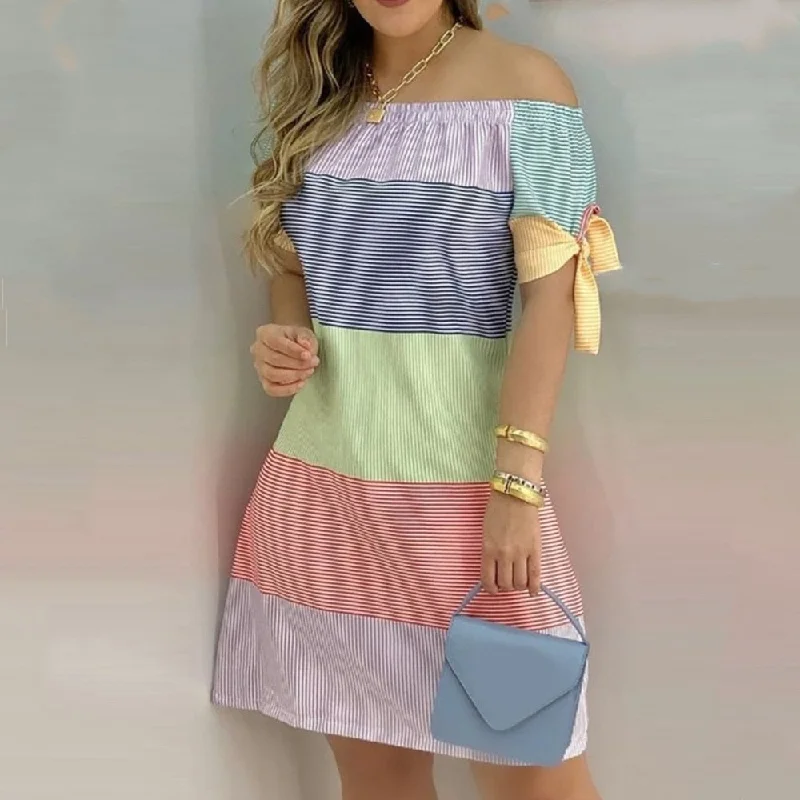 FashionSierra - Women Off Shoulder Summer Mini Dress Short Sleeve Bow Tie Striped Plaid Floral Vestidos