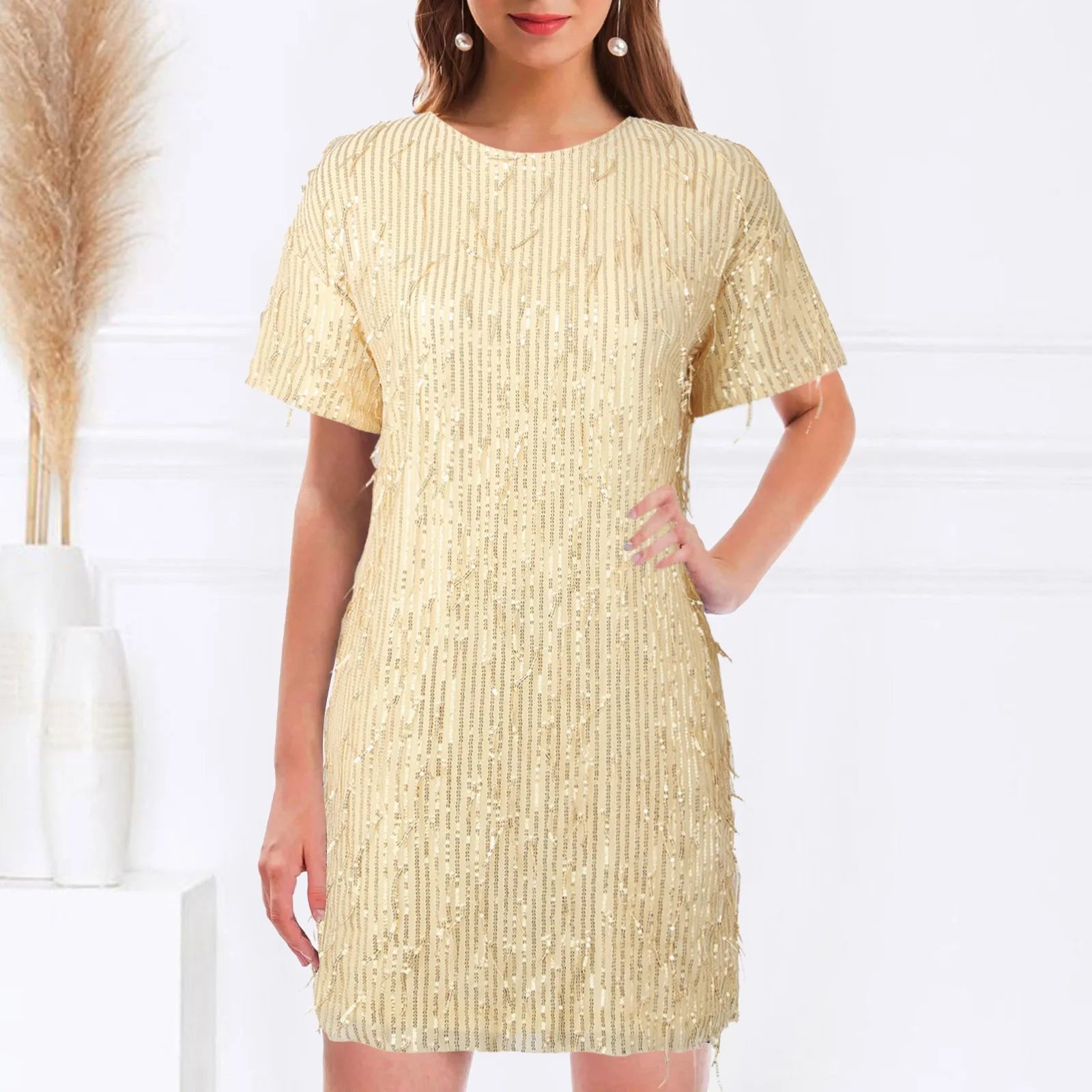 FashionSierra - Women's Fringed Sequin Loose Short Sleeve Mini Solid Color Round Neck Casual 2024 Summer New Women Party Dress