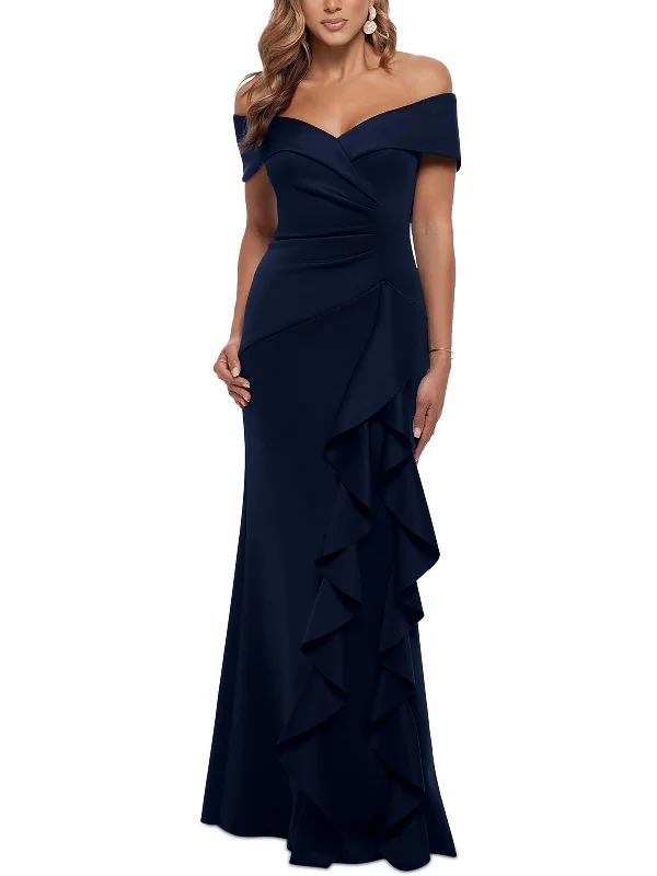 Womens Ruffled Off-The-Shoulder Evening Dress