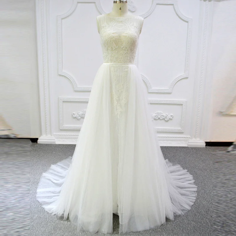 2 in 1 Detachable Skirt Sheer Boat Neck Bridal Wedding Dresses