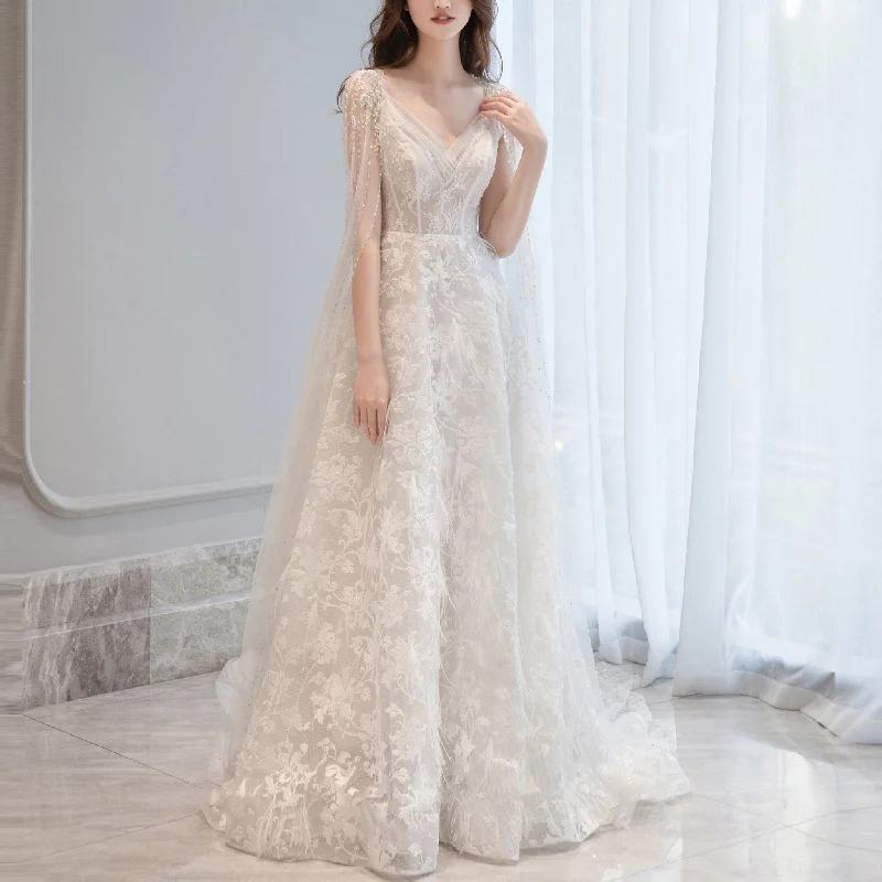 A-line Lace Wedding Dresses & Bridal with Capes and Feathers