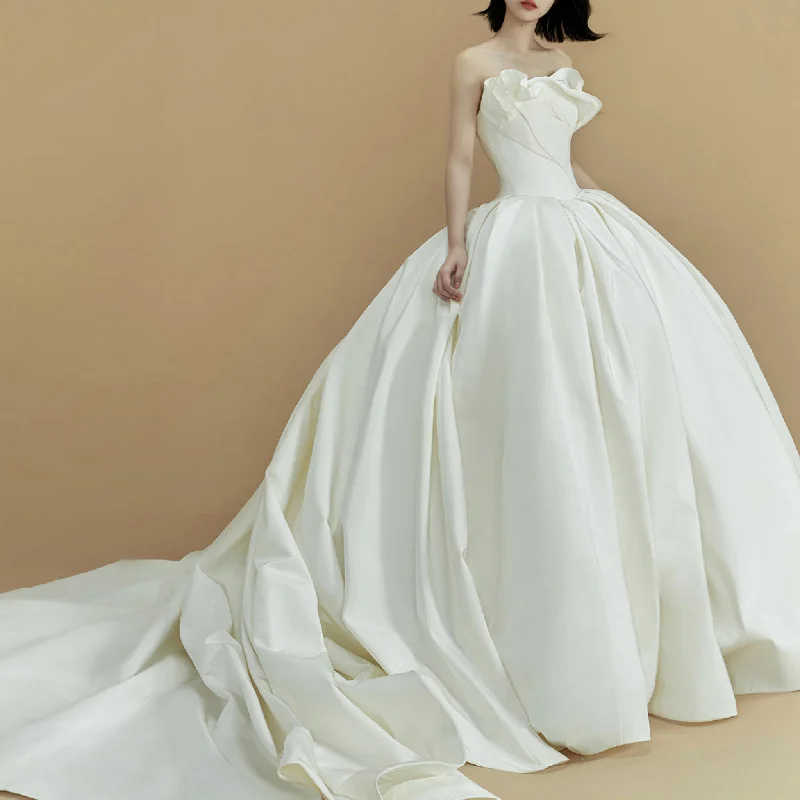 Asymmetrical Neckline Ball Gown Satin Bridal Wedding Dresses