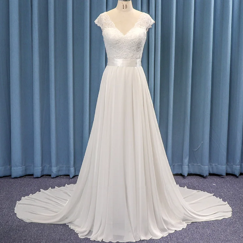 Capped Sleeve Double V A-line Lace Chiffon Bridal Gown Wedding Dress