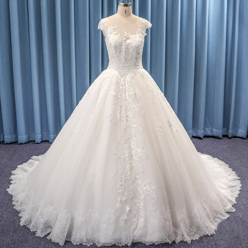 Capped Sleeves Sheer Neck Lace Tulle Ballgown Wedding Dress