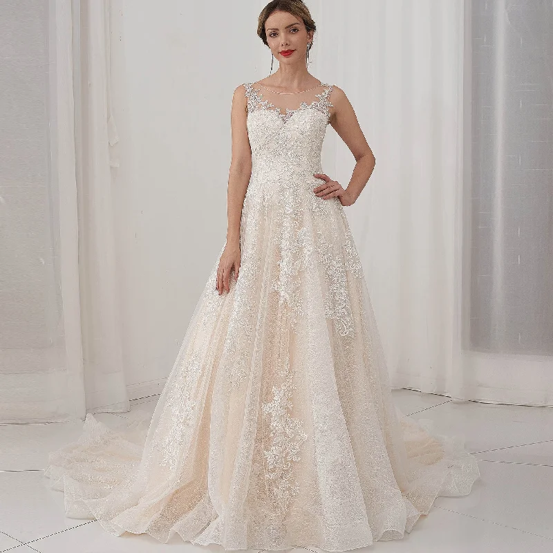 Charming Sheer Neckline A-line Tulle Lace Bridal Wedding Dress