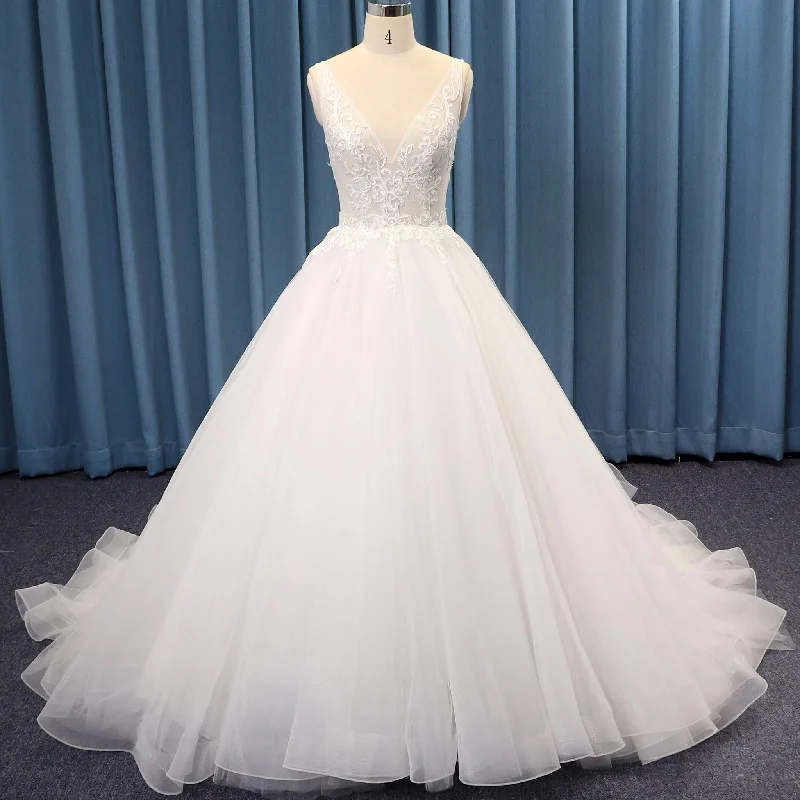 Double V Sheer Bodice Puff Ball Gown Bridal Wedding Dresses