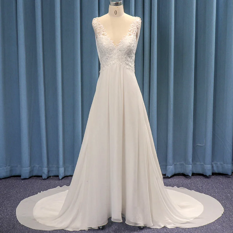 Elegant Lace Chiffon Deep V-neck A-line Bridal Wedding Dress