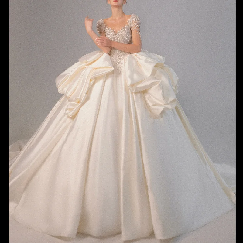 Elegant Sheer Sleeve Ruched Ball Gown Satin Bridal Wedding Dress