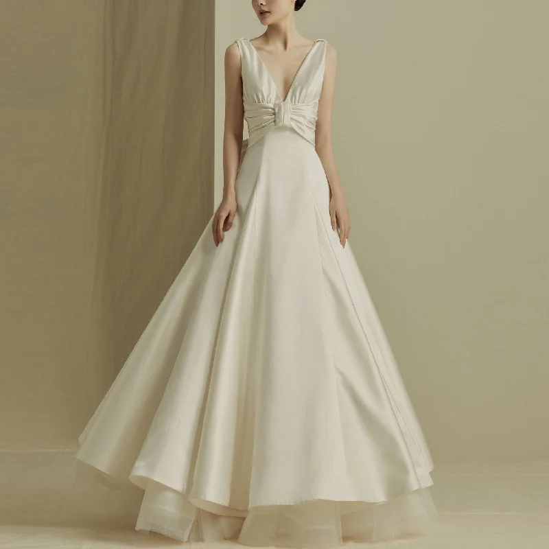 Floor Length Wedding Dress with Double V-Neck Bowknot Back