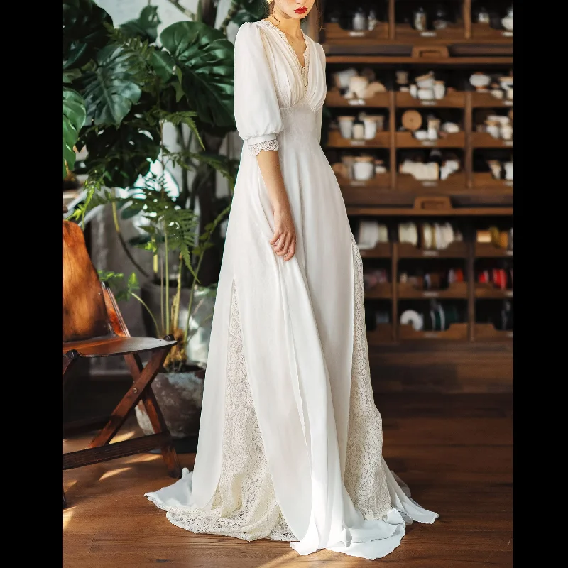 Half Puff Sleeve Chiffon Lace Sheath V-neck Bridal Wedding Dress