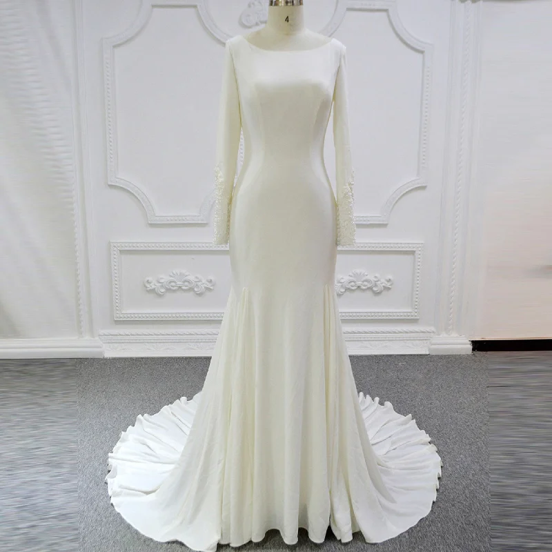 High Boat Neckline Satin Long Sleeve Sheath Wedding Dress