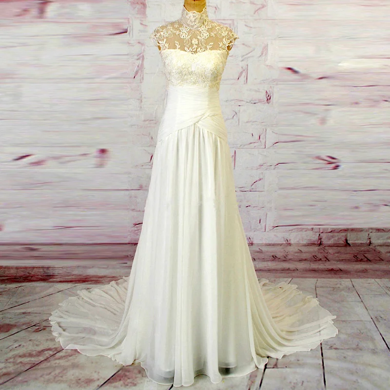 High Sheer O-Neck Lace Ruch Chiffon Sheath Wedding Dress