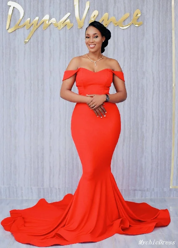 Hot Orange Wedding Guest Dresses Off the Shoulder Mermaid Evening Gowns