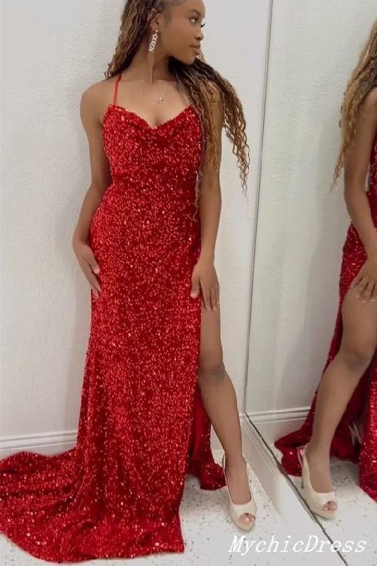 2025 Long Red Sequin Prom Evening Dress Mermaid Side Slit Wedding Guest Dress