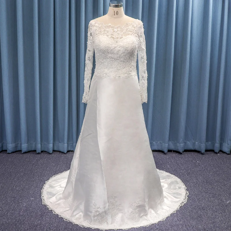 Long Sleeve Sheer Lace and Satin Bridal Gowns Wedding Dresses