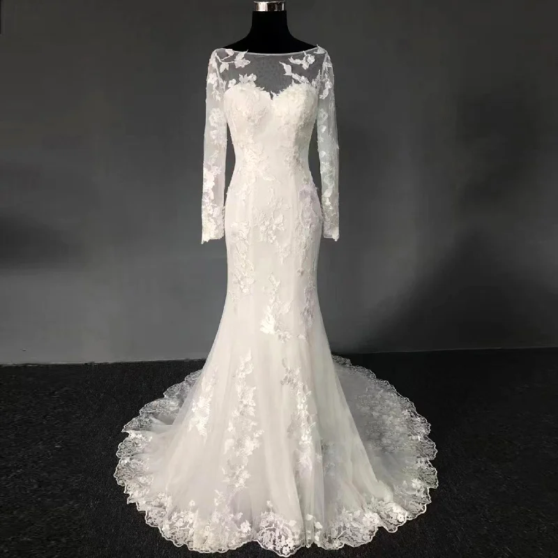 Long Sleeve Trumpet High Sheer Boat Neck Lace Wedding Dress