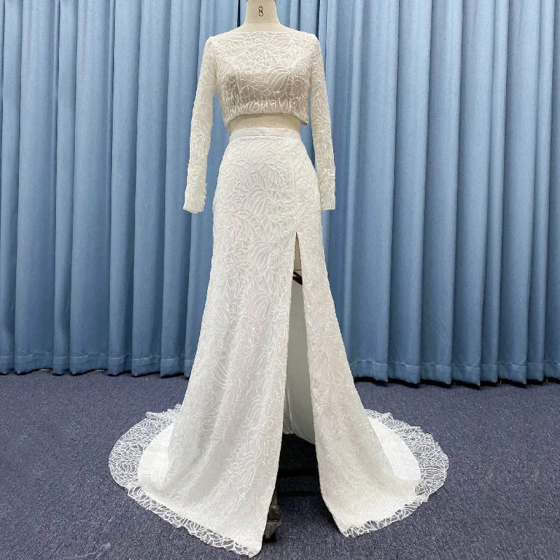 Long Sleeve Two Piece Slit Wedding Dresses Separates Gown