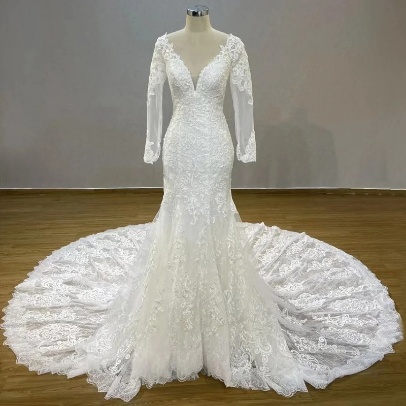 Long Sleeve V-neck Open Back Big Train Trumpet Lace Wedding Dress