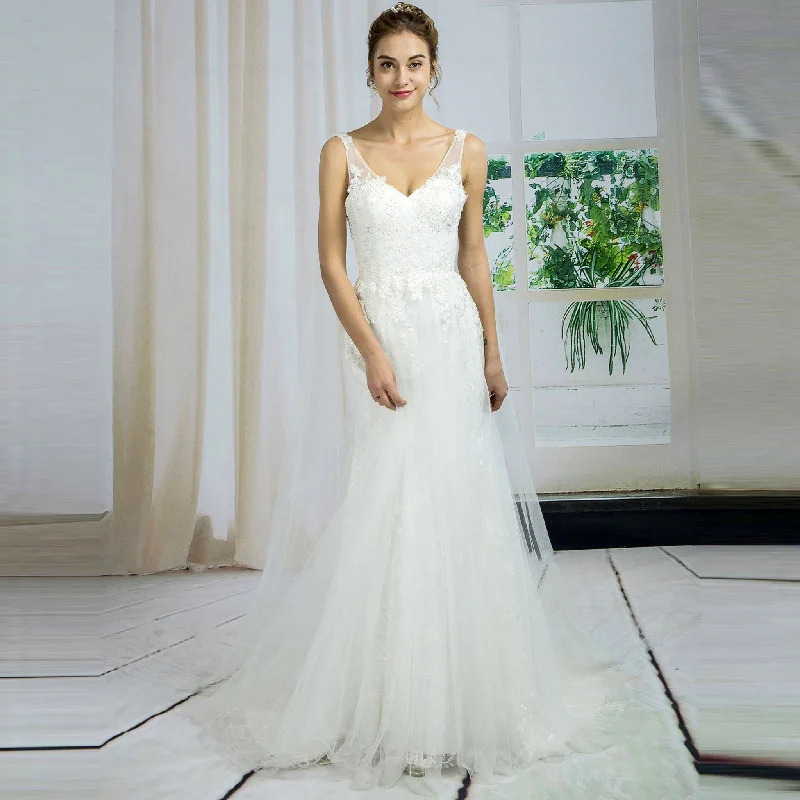 Low Open Back Tulle Sheath Cape Beach Wedding Dress V-neck