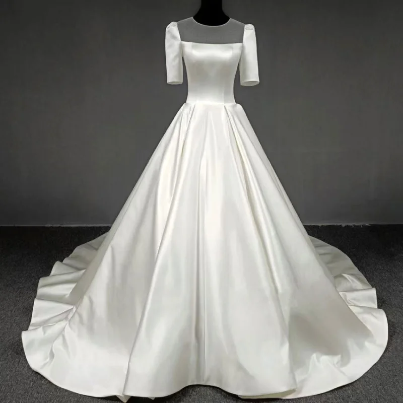 Modest Half Sleeve Satin Wedding Dresses Bridal Gown for Women