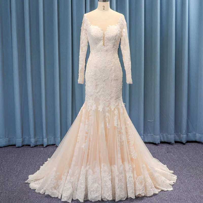 Sheer Long Sleeve Trumpet Lace Bridal Wedding Dress