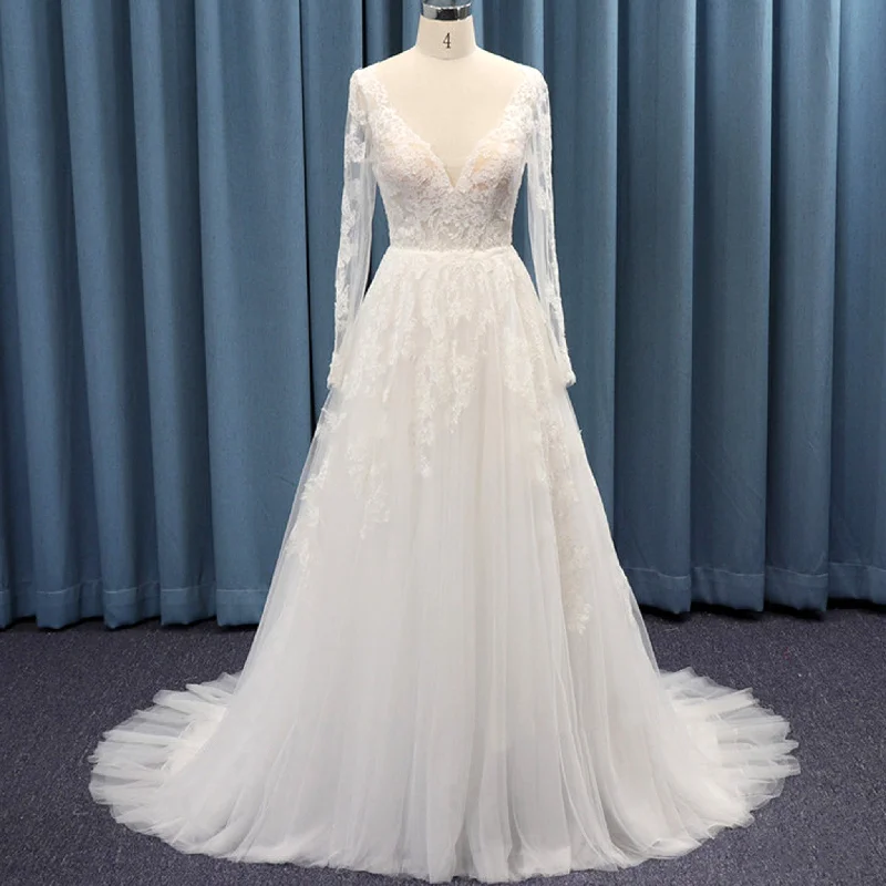 Open Back Bridal Gown Wedding Dress A-line with Long Sleeve