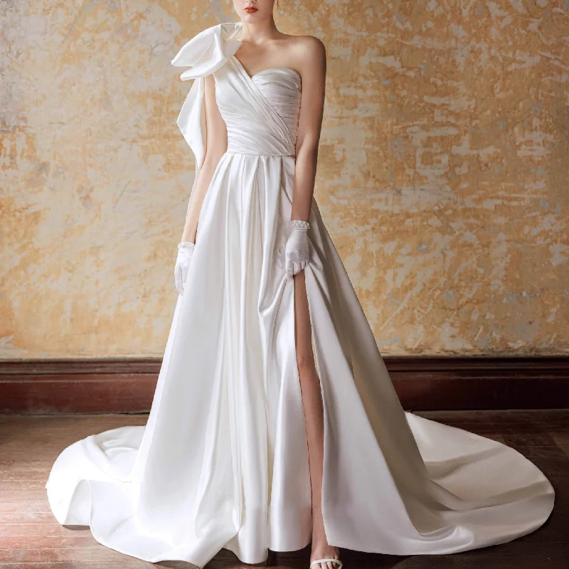 Puff One Shoulder Ruched Satin Bridal Gown Wedding Dress