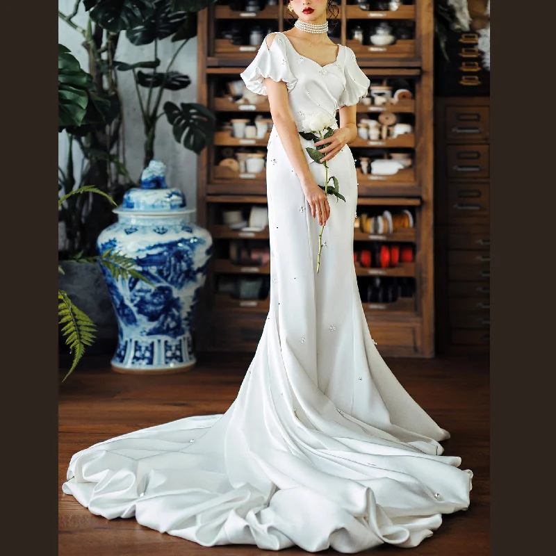 Puff Short Sleeve Fit Flare Satin Queen-anne Wedding Dress Bridal Gown