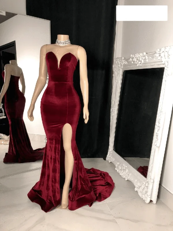 Sexy Burgundy Velvet Wedding Guest Dress V neck Mermaid Prom Dresses