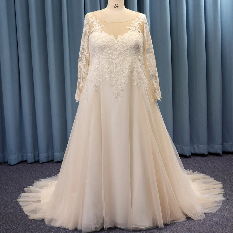 Sheer Long SLeeve Lace Tulle Plus Size Bridal Gown Wedding Dress