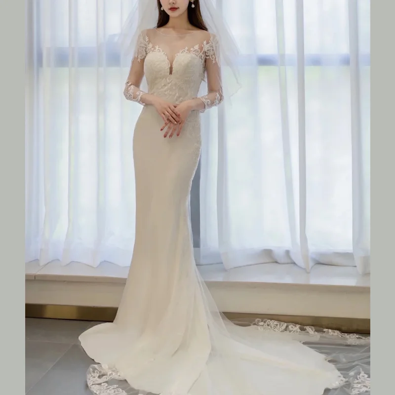 Sheer Long Sleeve Mermaid Wedding Dress with Train