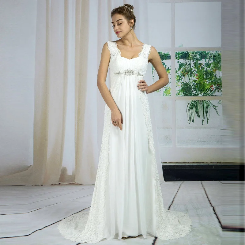 Square-neck Deep V-back Chiffon Lace Sheath Wedding Dresses