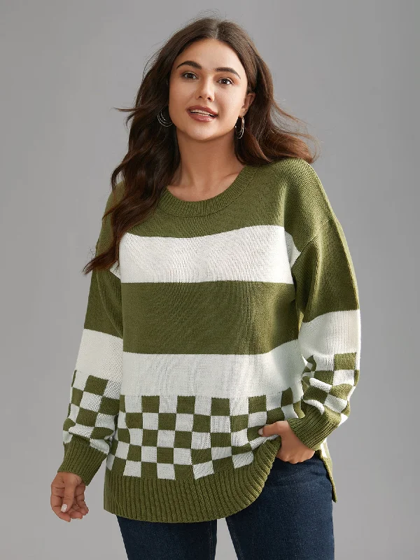 Colorblock Contrast Round Neck Split Hem Pullover