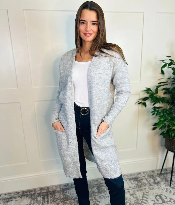 Grey Mohair Blend Long Cardigan