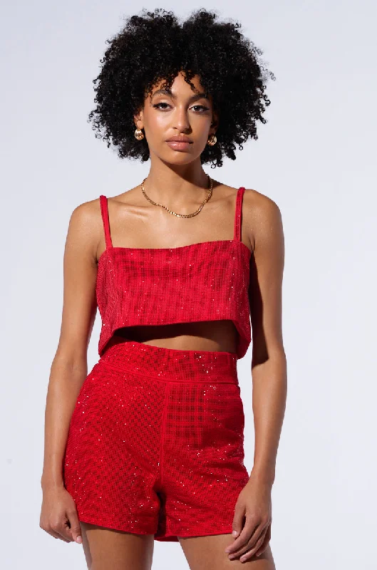 POP STAR HOT FIX HIGH WAIST RHINESTONE SHORT IN RED