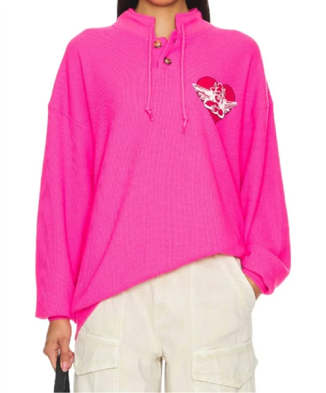 Thermal Henley Sweatshirt In Neon Pink