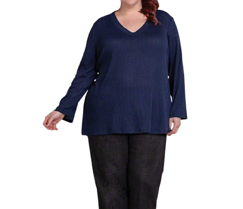 Waffle Knit Long Sleeve Top - Plus In Navy